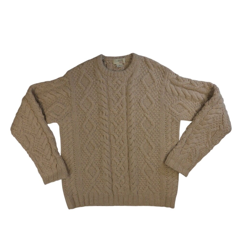 J Crew Sweater Womens M Chunky Knit Lambswool Preppy Fisherman Tan Beige Lattice